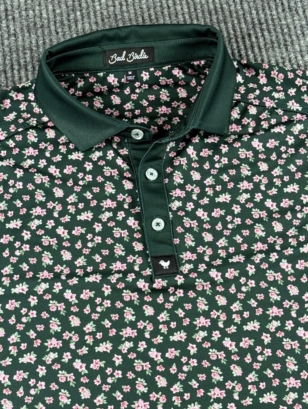 Bad Birdie Golf Polo Mens M Dark Green Pink Floral Print Performance Stretch